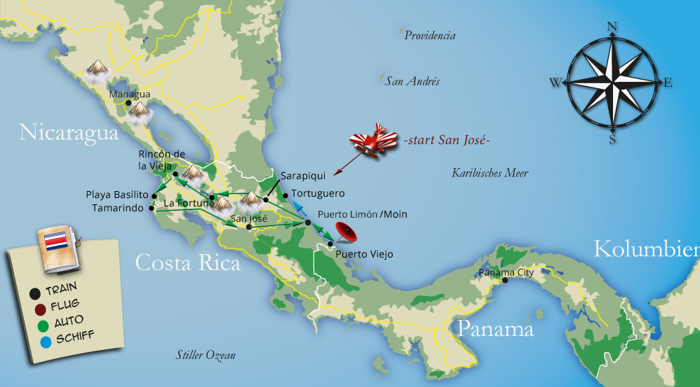 Die Tour durch Costa Rica kompakt auf einer Karte zusammengefasst