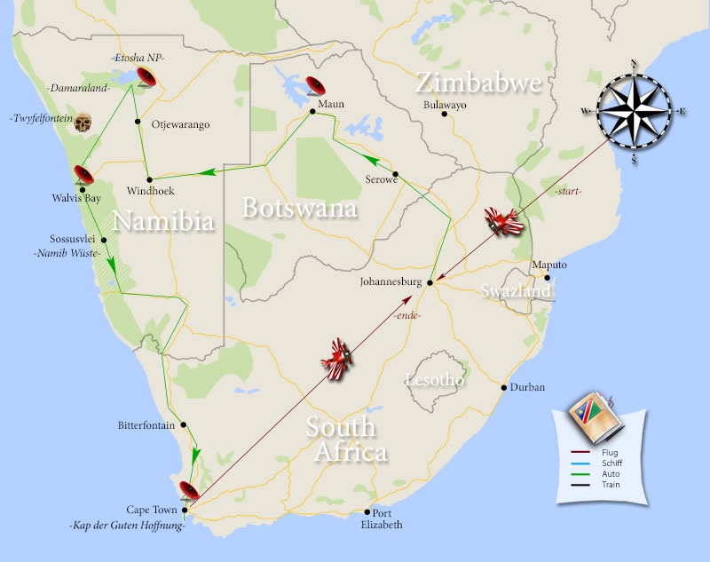 Die gesamte Camper-Route durch Südafrika und Namibia kompakt auf einer Karte zusammengefasst